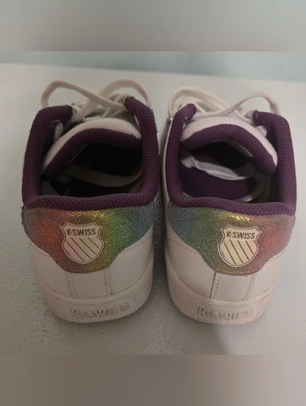 K-Swiss Classic VN White Sneakers, Iridescent Rainbow Stripes & Purple Lining